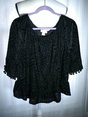 STYLE & CO. NWOT 1/2 Sleeve Scoop Neck Black Velour Textured Design Sweater LP